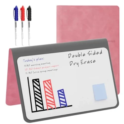 Image de NEWYES Mini tableau blanc, format A5, effaçable, portable, avec 3 stylos de couleur, convient pour noter des notes réunion, listes courses, du budget et choses à faire, rose