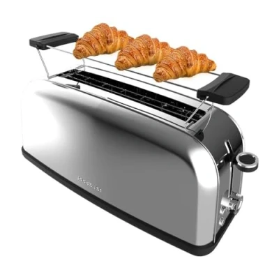 Image de Cecotec Grille pain vertical Toastin&#039; time 850 Inox Long, W de puissance, Double fente longue et large 3,8 cm, Varillas Supérieures, Acier Inoxydable, Arrêt Popup Automatiques, Bac à miettes