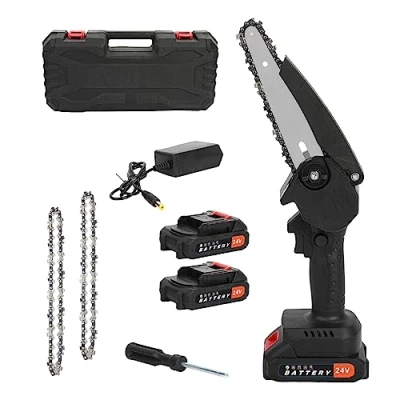Image de HshDUti Mini tronçonneuse sans fil, 650 W, alimentation par batterie, petite scie à chaîne portable de 15,2 cm avec 2 piles rechargeables, élaguer, coupe branche, outil jardin électrique