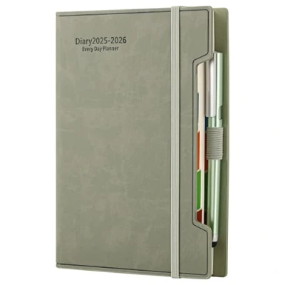 Image de Agenda scolaire journalier 2025 2026 de juillet à juin 2026, 12 mois par page, format A5, couverture rigide, stylo, boucle pour autocollants (rose)