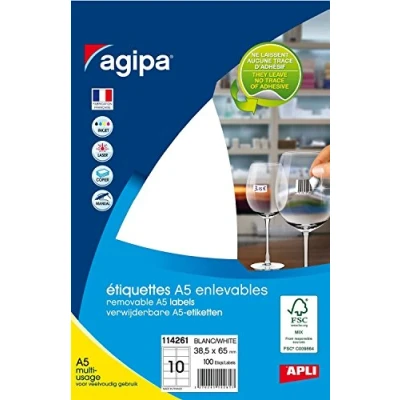 Image de AGIPA Lot de 3 Etuis A5 (10F) 100 étiquettes multi usage Enlevable 38,5 x 65,5 mm Blanc