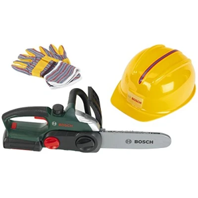 Image de Theo Klein 8456 Bosch Set bûcheron I Robuste tronçonneuse avec fonction sonore et lumineuse Casque gants de travail très haute qualité pour jeux rôle Jouet enfants à partir 3 ans