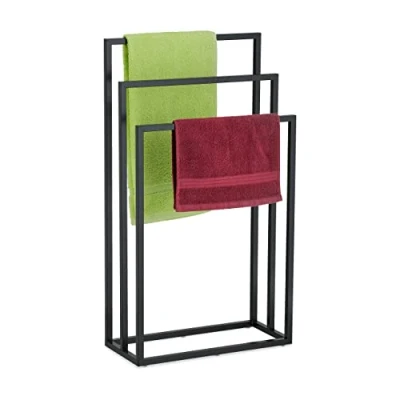 Image de Relaxdays Porte Serviettes, 3 Barres, Acier, H x L P : 82,5 46 21 cm, Support sèche draps de Bain à Poser, Noir