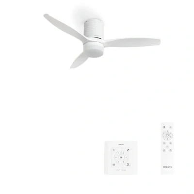 Image de CREATE / WINDCALM LINE/Ventilateur de plafond blanc avec lumière, contrôleur mural et télécommande, lignes horizontales 40W, Ø132 cm, 3 températures minuterie, fonction été hiver