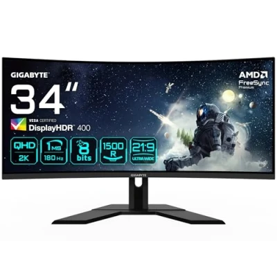 Image de Gigabyte G34WQCP 34&quot; Moniteur Gaming Courbé WQHD 3440 x 1440, VA, 180Hz, 1ms, 1500R, 350 CD/m², FreeSync Premium, DisplayHDR 400, HDMI 2.0, DisplayPort 1.4
