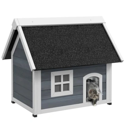 Image de PawHut Maison pour Chat en Bois, Niche Chat, Porte à lamelles, fenêtre plexiglas, Toit bitumé ouvrable et 3 Portes, Pieds Plastique, 77 x 57,5 68 cm, Gris