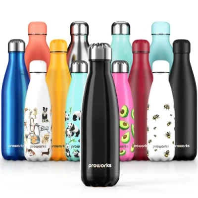 Image de PROWORKS Bouteille d&#039;eau Isotherme, sans BPA, Gourde INOX Reutilisable pour Maintien Chaud de 12 Heures &amp; du Froid Jusqu’à 24 Heures, Sport, Gym, Voyage 1 Litre Noir