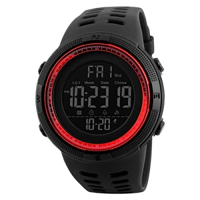 Image de Montre Digitale Garçon Homme Etanche 50 M avec LED Sports en Forme de 12 ou 24h Alarme Chronomètre 6 Cloures, Noir et Rouge, Taille Unique, Sangle