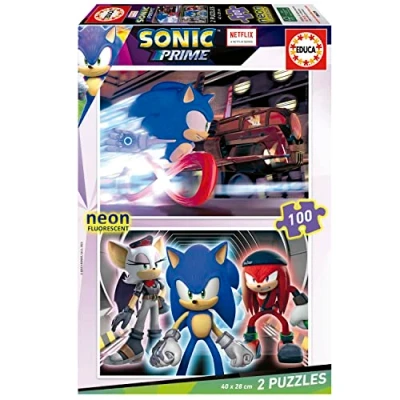 Image de Educa 2 Puzzles per Enfant de 100 pièces Qui Brillent dans l&#039;obscurité Sonic Prime Neon. Mesure : 40 x 28 cm. Composé Gros Morceaux. +6 Ans (19629)