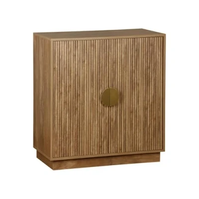Image de sweeek Buffet Exotique 2 Portes. Effet Bois de manguier rainuré. Haut. vaisselier. poignées en métal doré. L 80 x P 40 H 85cm