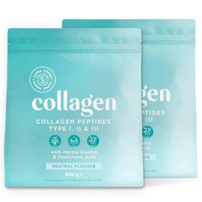 Image de Collagene Poudre [2x400gr] Collagen Peptides (Type I, II &amp; III) Collagène Hydrolysé en enrichi avec Elastine Acide Hyaluronique pour Peau, Cheveux et Ongles Goût Neutre Alpha Foods