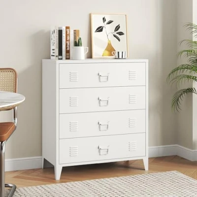 Image de [en.casa] Commode Métallique avec 4 Tiroirs Casier de Bureau Caisson Compartiments Fermés Meuble Rangement Industriel Acier 92 x 80 40 cm Blanc