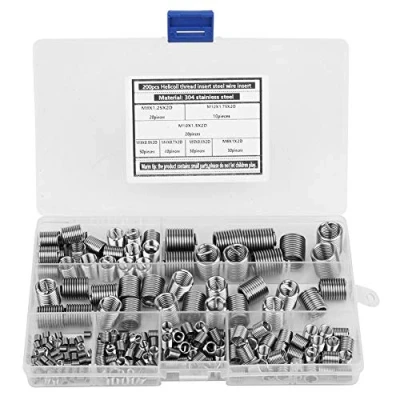 Image de Inserts filetés, 200 pièces Insert de réparation filetage en acier inoxydable 304 Ensemble vis autotaraudeuses d&#039;insert intérieur assorti M3 M4 M5 M6 M8 M10 M12