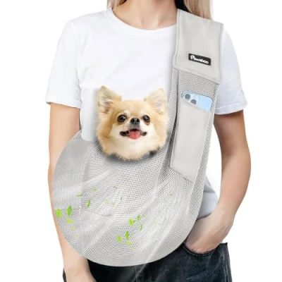 Image de Pawaboo Sac à Bandoulière pour Chien Chat, de Transport d&#039;animal en Maille Respirante avec Laisse Sécurité Intégrée, Voyage Chiot Mains Libres Sangle Élargie, jusqu&#039;à 14LBS, Gris