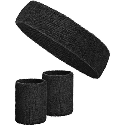 Image de Set de 3 Bandes Transpiration avec 2X pour Les Poignets + 1x Bandeau Femmes et Hommes (Noir)