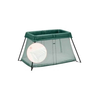 Image de BabyBjörn Lit Parapluie Light avec Drap housse, Vert foncé/Coton, Blanc