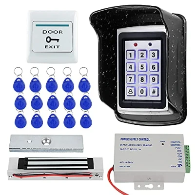 Image de KUMU Système de Contrôle d&#039;Accès Porte RFID Étanche Extérieur Clavier en Métal + Serrure Magnétique 180KG Couvercle à la Pluie Bouton Sortie 15pcs clés pour Maison/Bureau