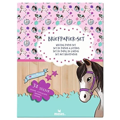 Image de moses. 26246 Lot de papier à lettre motif chevaux Feuilles lettres, enveloppes et autocollants colorés dans une pochette rangement pratique, ustensiles pour les amis