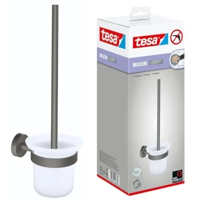 Image de tesa® MOON GREY Ensemble WC Support et Brosse WC, Gris Mat, Verre Satiné Salles de Bains Modernes Style Industriel Sans Perçage 379 mm x 112 145