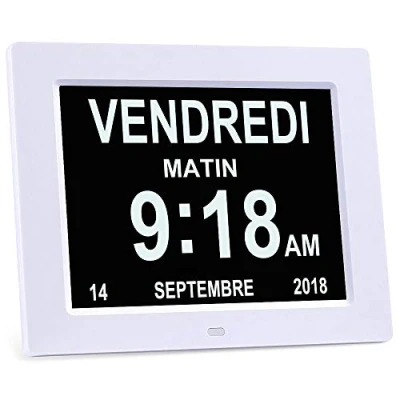Image de SENXINGYAN 8&quot; Pouce LCD Horloge Numérique Calendrier, Date Jour Et Heure Non Abrégée Auto Dimming 8 Langues HD Display Rappel pour Alzheimer Les Personnes âgées Blanc