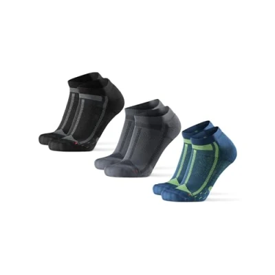 Image de DANISH ENDURANCE Chaussettes Courtes de Running Longue Distance, Anti Ampoules, Soutien Voûte Plantaire, Homme Femme, 3 Paires, Multicolore (1x Noir/Gris, 1x Bleu/Jaune, Gris/Noir), 48 51