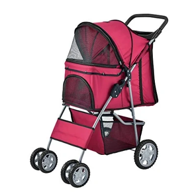 Image de pro.tec Poussette Pliable pour Chien Chat Animaux de Compagnie avec Porte Gobelet Espace Rangment Protection Soleil Pluie Roues Freins Polyester Acier 73 x 46 100 cm Rouge