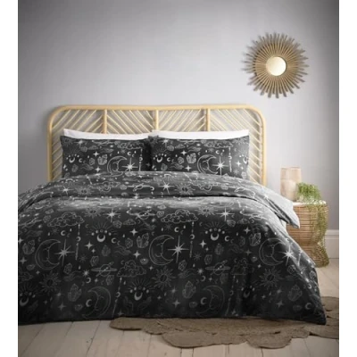 Image de Charlotte Thomas Parure de lit avec Housse Couette et taies d&#039;oreiller Motif Soleil Lune étoiles Noir