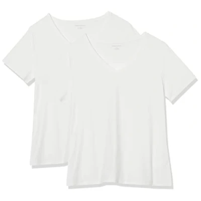 Image de Amazon Essentials T shirt À Manches Courtes et Col En V, Grande taille Femme, Lot de 2, Blanc, XL