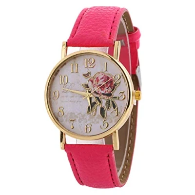 Image de HshDUti Montre bracelet analogique à quartz pour femme avec cadran rond et en cuir synthétique Motif rose Rouge