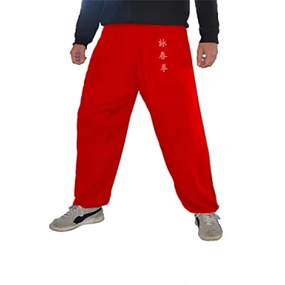 Image de Pantalon Kung Fu Style Tai Chi et Wing Chun Homme Femme Ample Agréable en Viscose (WC Rouge, taille XL)