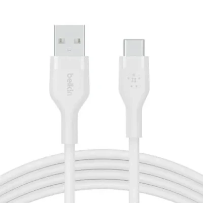 Image de Belkin BoostCharge Flex câble USB C vers A en silicone, certifié IF, pour iPhone 15, Plus, Pro, Pro Max, Samsung Galaxy S24, iPad, MacBook, Note, Google Pixel, etc, 1 m, blanc