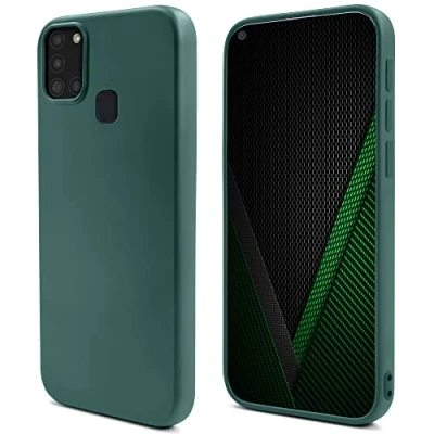 Image de Moozy Lifestyle. Coque conçue pour Samsung A21s, vert foncé en silicone liquide avec finition mate et doublure microfibre douce. Neuf