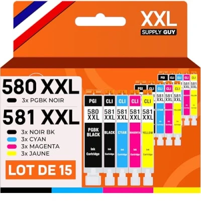 Image de Supply Guy 580XXL 581XXL Cartouches Compatible avec Canon PGI 580 CLI 581 pour Pixma TS705 TS705a TS6350 TS6350a TS6351 TS6351a TS6300 TR8550 TS9550 TR7550 Multipack 15 Cartouche Encre XXL