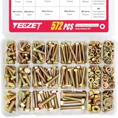 Image de YEEZET 572pcs Boulons et écrous Kit, M5 M6 M8 Hex Bolts Nuts Washer Set, 13 Tailles, Zingage Jaune, Grade 8.8