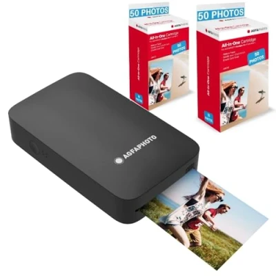 Image de AGFA Photo Pack Imprimante Realipix Mini P + Cartouches et Papiers AMC pour 100 Photos Format 5,3 x 8,6 cm Via Bluetooth Sublimation Thermique 4Pass Noir