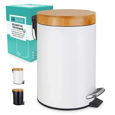 Image de HIBATH® Poubelle de salle bain en acier inoxydable avec couvercle bambou (3 litres, blanc) système d&#039;abaissement automatique pratique WC