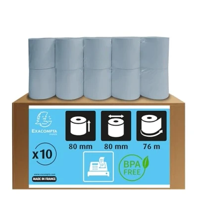 Image de Exacompta Réf. 43918E Boîte de 10 bobines pour tickets caisse largeur 80 mm x diamètre mandrin 12 Safe Contact longue conservation sans Phénol Métrage (+/ 2m) : 76 m
