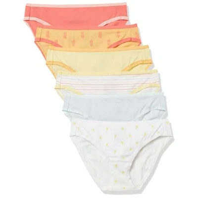 Image de Amazon Essentials Bas de Bikini en Coton (Grandes Tailles Disponibles) Femme, Lot 6, Ananas/Citron/Multicolore/Rayures, 42