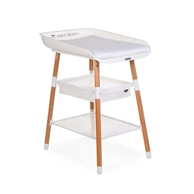 Image de CHILDHOME, Table A Langer Bebe, Evolutive, 4 Hauteurs, Facile À Déplacer, Roues, Système Freinage, Robuste, Panier Rangement, Coussin Inclu, Evolux, Blanc Naturel