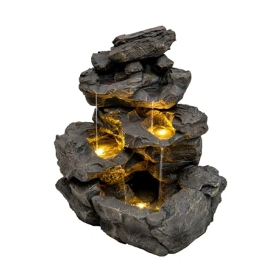 Image de Fontaine de Jardin Cascade Électrique Extérieure Polyresine Gris 3 Lumières LED Blanc Chaud Pompe à Brancher Câble 7 m Statue Droit Décor Maison Terrasse Rustic Rapids [Brosse Nettoyage Inclus]