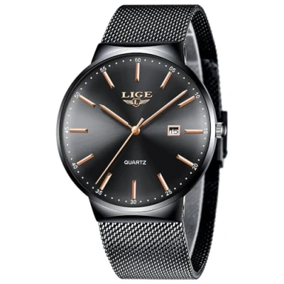 Image de LIGE Montre Homme Noir, Montres Bracelet Analogique Quartz, Aiguilles Or Rose, Acier Inoxydable étanche 3ATM, Fonction Calendrier, Cadeau Luxe pour Homme, Business Mode Casual Match