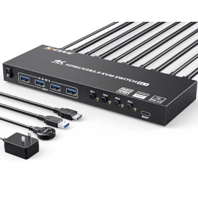 Image de Commutateur KVM HDMI 4 Ports 4K@60Hz 2K@120Hz, Soutien Simulation EDID, Switch pour PC Partageant 1 Monitor et USB 3.0 Clavier Souris, avec Contrôleur de Bureau 5 Câbles