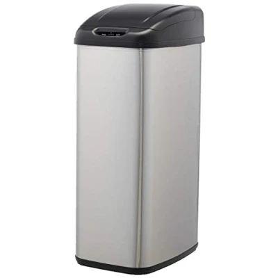 Image de Amazon Basics 50 Liter / 13.2 Gallon Motion Sensor Hands Free Rectangulaire Trash Can for Narrow Spaces, Argenté/Noir