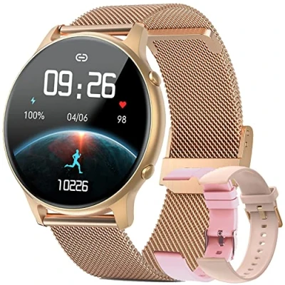Image de GIFTFIT Montre Connectée Femme Homme, Smartwatch avec 3 Bracelets, IP68 Étanche, 24 Modes Sportifs Frequence Cardiaque et Sommeil, Calories, Chronomètre, Intelligente pour Android iOS (Or), (Goud)
