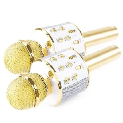 Image de MAX KM01 Kit Deux Microphones Karaoké Micro sans Fil Bluetooth Doré, Haut Parleur Intégré, Batterie 6h, Modificateur de Voix et Écho, Fonction Enregistrement Selfie, Parfait pour Les Enfants
