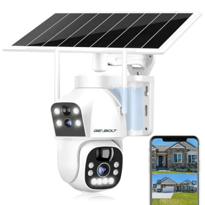 Image de GENBOLT Solaire WiFi Caméra De Surveillance Extérieur sans Fil, Batterie 8W 12000mAh, CCTV IP Outdoor avec Double Objectif &amp; Vue, PIR Détection