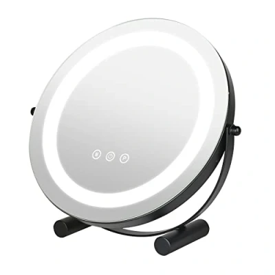 Image de LANTUS LED Rond Miroir de Maquillage pour Coiffeuse, Table Lumineux Illumination avec Commande par Effleurement et Chargement USB/Pile AAA Feu Tricolore 30cm Noir