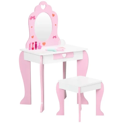 Image de ZONEKIZ Coiffeuse Enfant de 3 à 6 Ans Table Maquillage avec Tabouret Miroir et tiroir 50 x 36,5 89,5 cm Rose