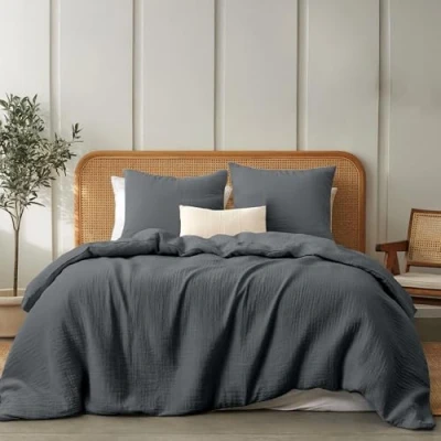 Image de Dreamzie Housse de Couette Gaze Coton 220x240 cm, Gris Foncé, avec 2 Taie Oreiller 80x80 Parure Lit Doux et Respirant Linge Certifié Oeko Tex