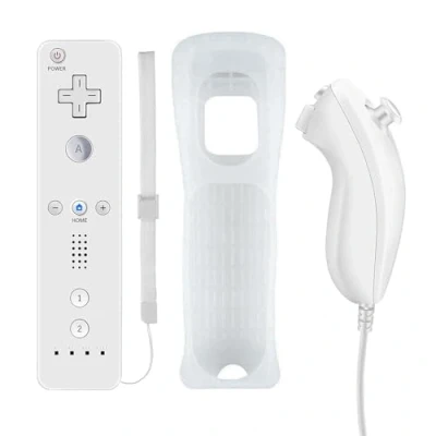 Image de QUMOX Manette pour Wii, Controleur de Mouvement à Distance, Télécommande et Nunchuk, Console Remplacement Compatibles avec Wii U Etui Protection en Silicone Blanc